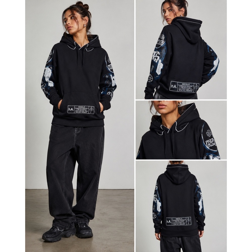 Haculla Hoodie Women Size XL Medium Men Black Excellent Graphic Sleeve‎ Print